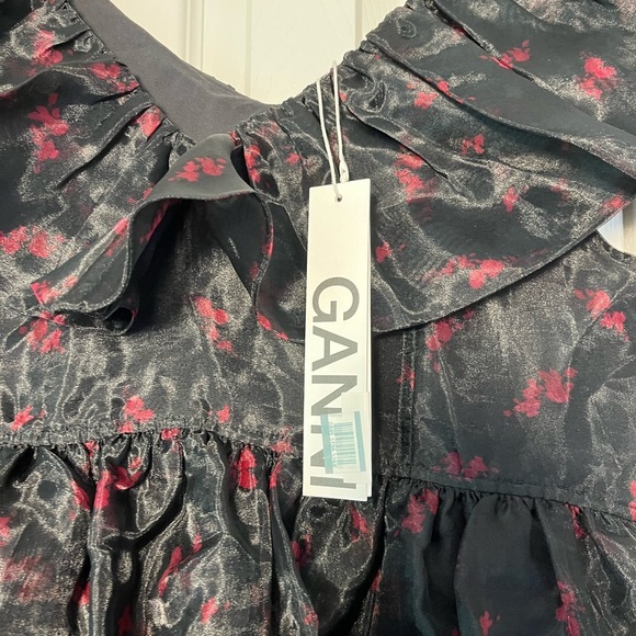 NWT ⭐️ GANNI Ruffled Organza Peplum Midi Dress Black US 4 - Picture 6 of 12